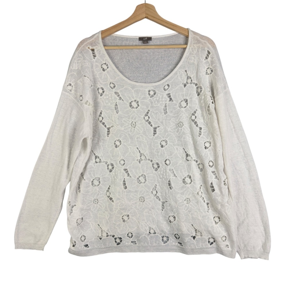 J.Jill women's Size L‎ Sweater Linen blend Lace Lightweight Solid White